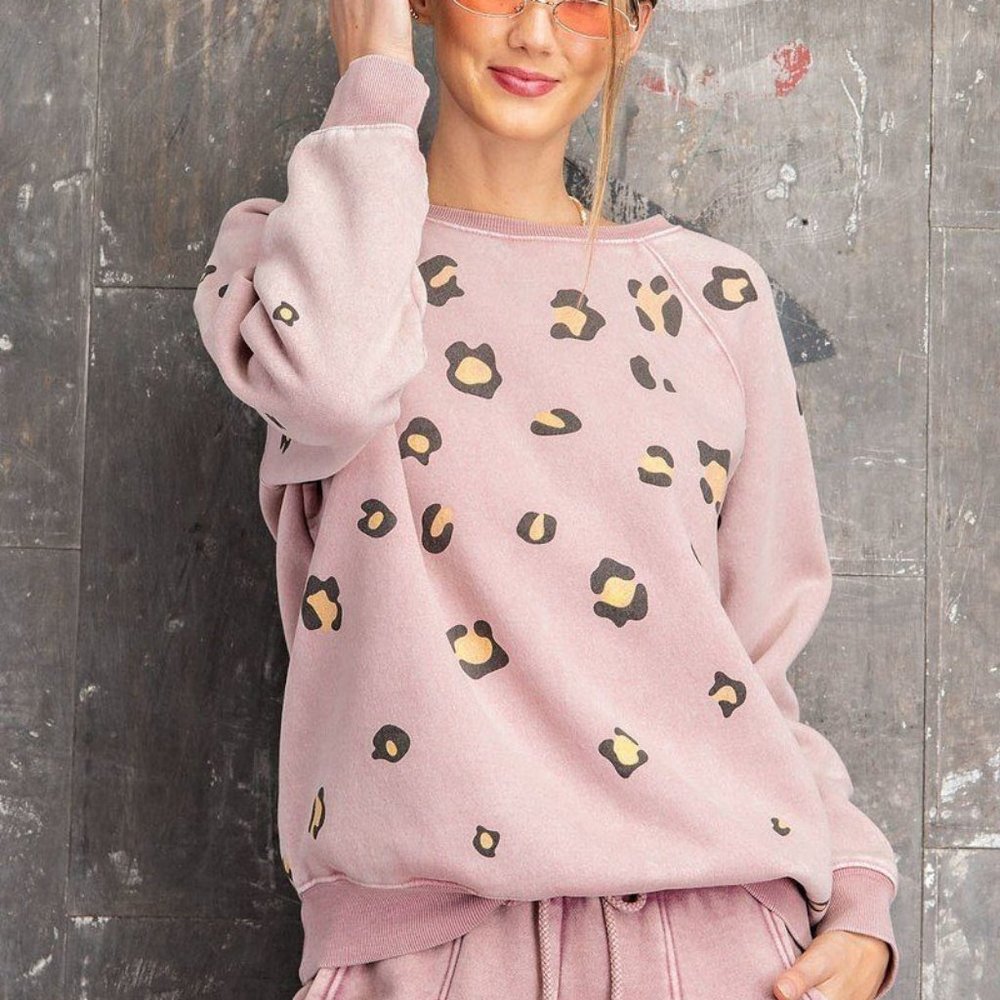 Woman’s Long Sleeve Leopard Print Washed Terry  Vintage Rose Sweatshirt NWT